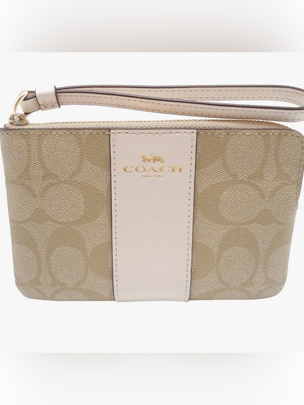 Coach Beige Signature Canvas Wristlet with Cream Accent
